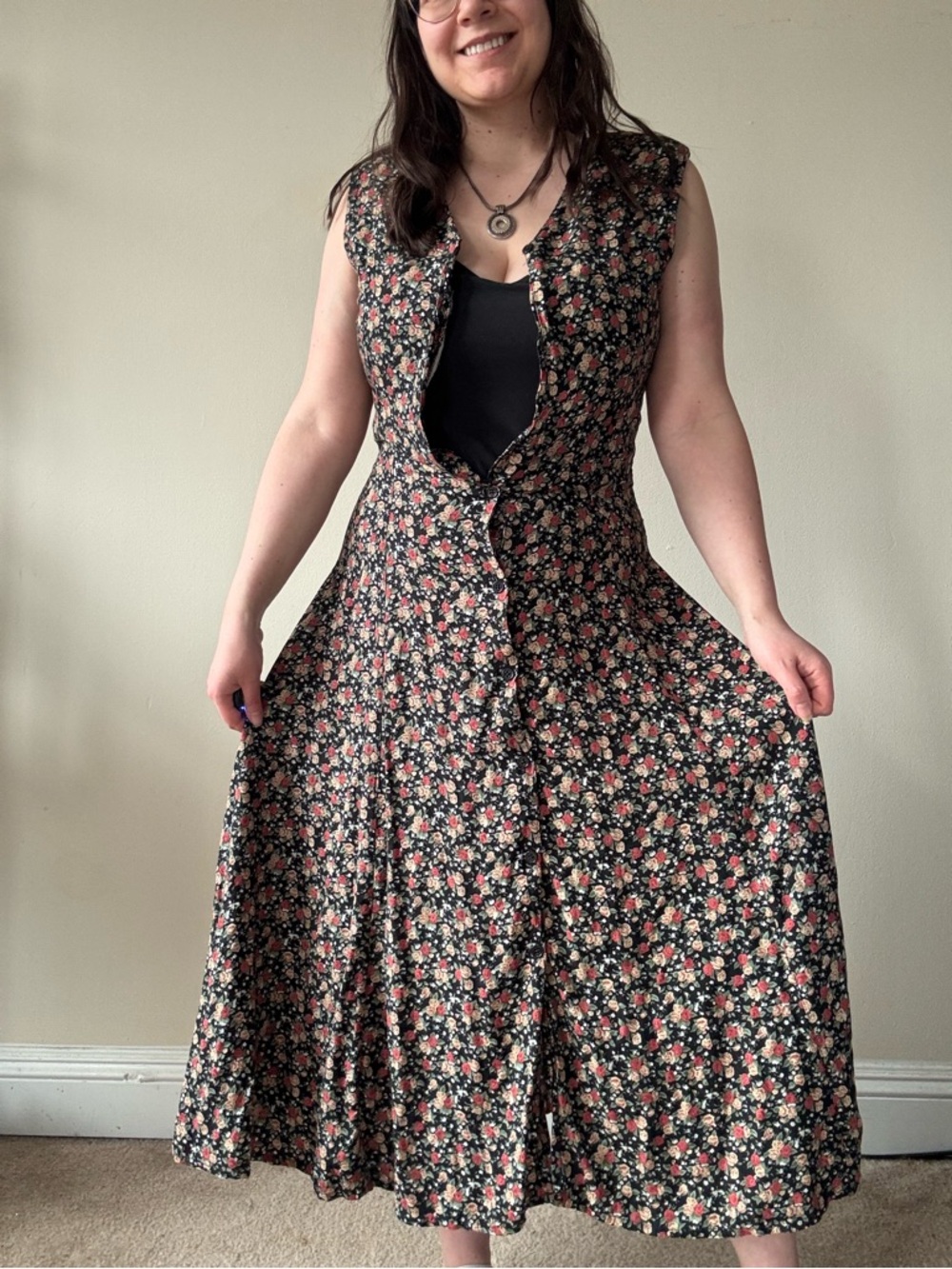 American Vintage Black Floral Maxi Dress with Coral & Cream Accents